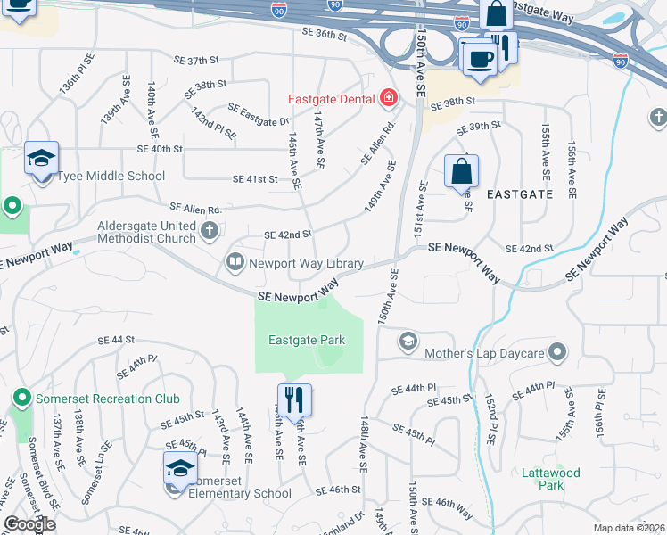 map of restaurants, bars, coffee shops, grocery stores, and more near 4226 146th Avenue Southeast in Bellevue