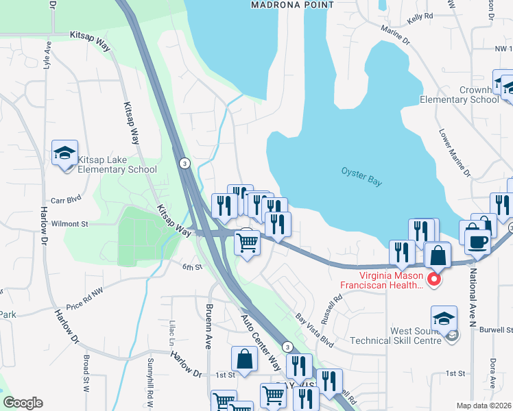 map of restaurants, bars, coffee shops, grocery stores, and more near 924 Shorewood Drive in Bremerton