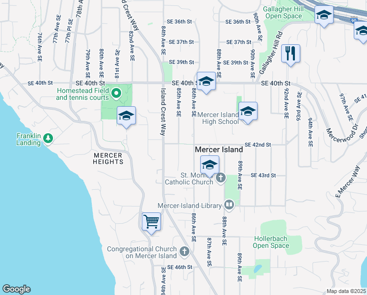 map of restaurants, bars, coffee shops, grocery stores, and more near in Mercer Island