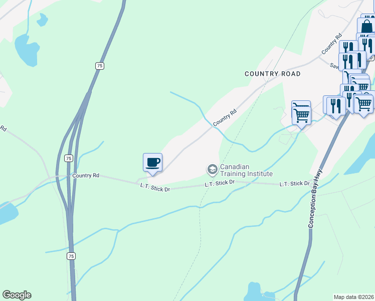 map of restaurants, bars, coffee shops, grocery stores, and more near 211 Country Road in Bay Roberts