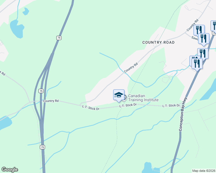 map of restaurants, bars, coffee shops, grocery stores, and more near 211 Country Road in Bay Roberts