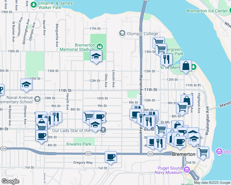 map of restaurants, bars, coffee shops, grocery stores, and more near 1215 11th Street in Bremerton