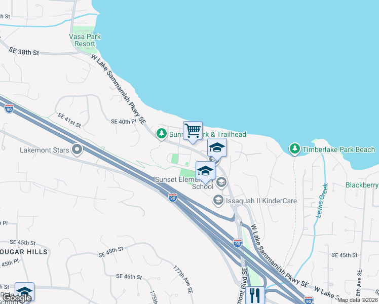 map of restaurants, bars, coffee shops, grocery stores, and more near 4122 West Lake Sammamish Parkway Southeast in Bellevue