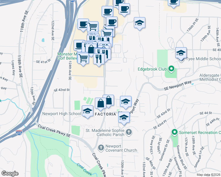 map of restaurants, bars, coffee shops, grocery stores, and more near 12818 Southeast 41st Lane in Bellevue