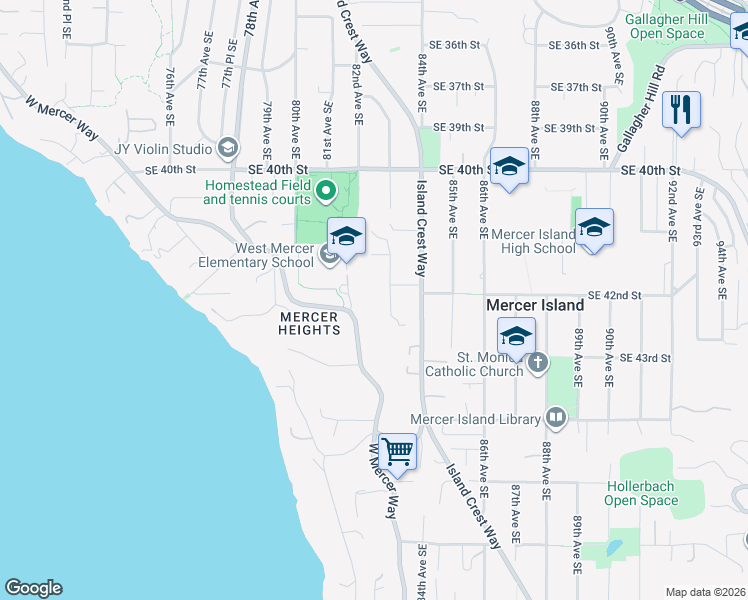 map of restaurants, bars, coffee shops, grocery stores, and more near 4201 83rd Avenue Southeast in Mercer Island