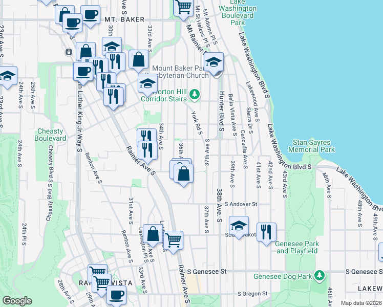 map of restaurants, bars, coffee shops, grocery stores, and more near 3619 Courtland Place South in Seattle
