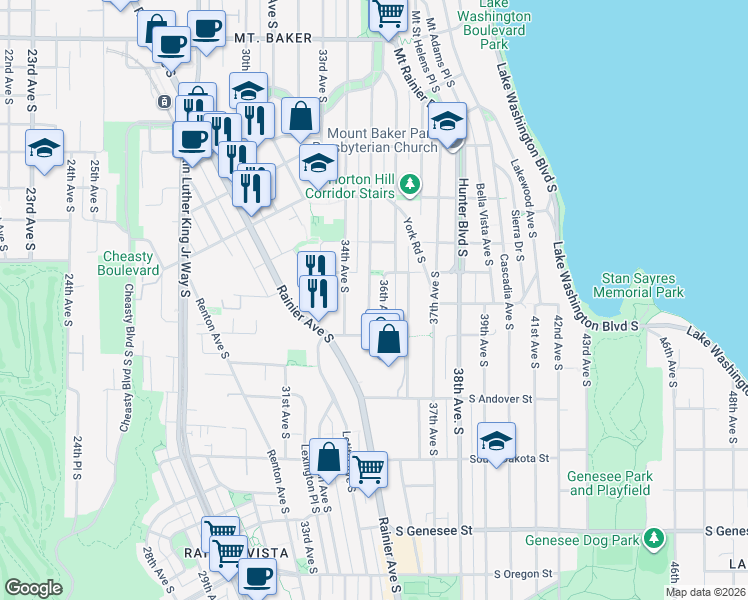 map of restaurants, bars, coffee shops, grocery stores, and more near 3618 35th Avenue South in Seattle