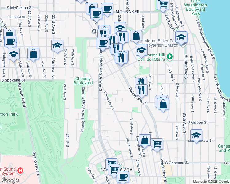 map of restaurants, bars, coffee shops, grocery stores, and more near 2900 South Court Street in Seattle