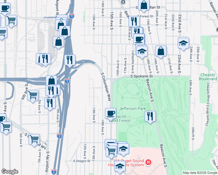 map of restaurants, bars, coffee shops, grocery stores, and more near 1461 South Columbian Way in Seattle