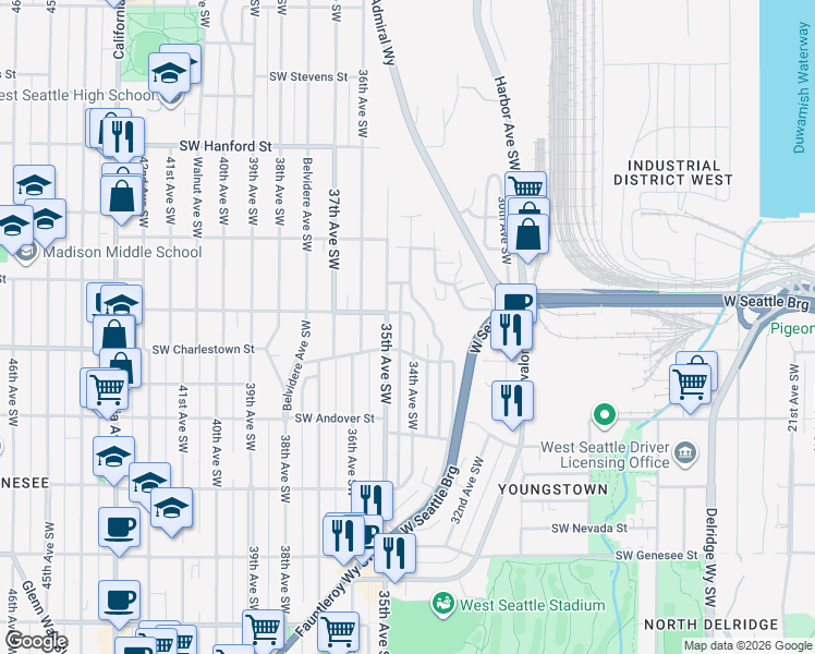 map of restaurants, bars, coffee shops, grocery stores, and more near 3702 35th Avenue Southwest in Seattle