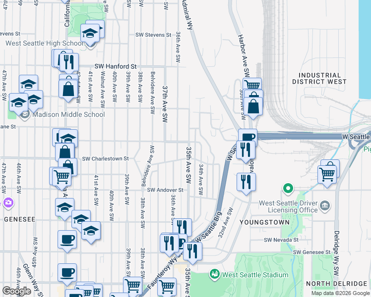 map of restaurants, bars, coffee shops, grocery stores, and more near 3702 35th Avenue Southwest in Seattle