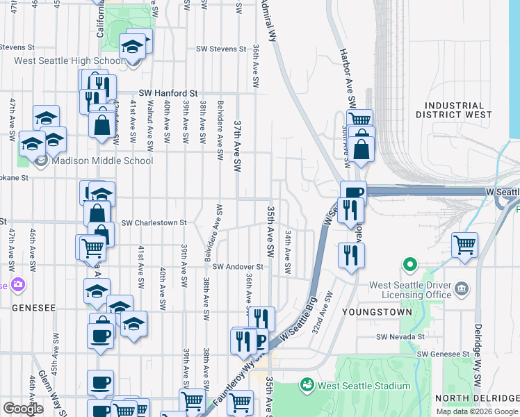 map of restaurants, bars, coffee shops, grocery stores, and more near 3607 Southwest Manning Street in Seattle