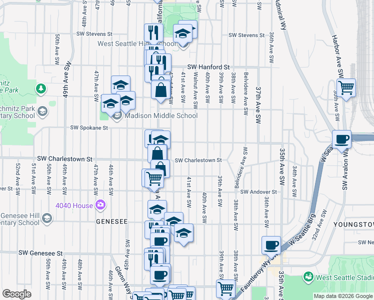map of restaurants, bars, coffee shops, grocery stores, and more near 3707 41st Avenue Southwest in Seattle