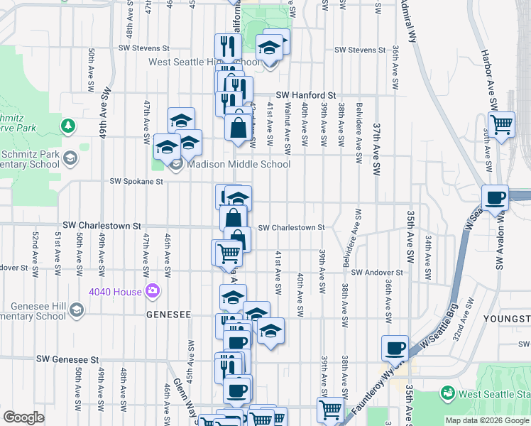 map of restaurants, bars, coffee shops, grocery stores, and more near 3707 41st Avenue Southwest in Seattle