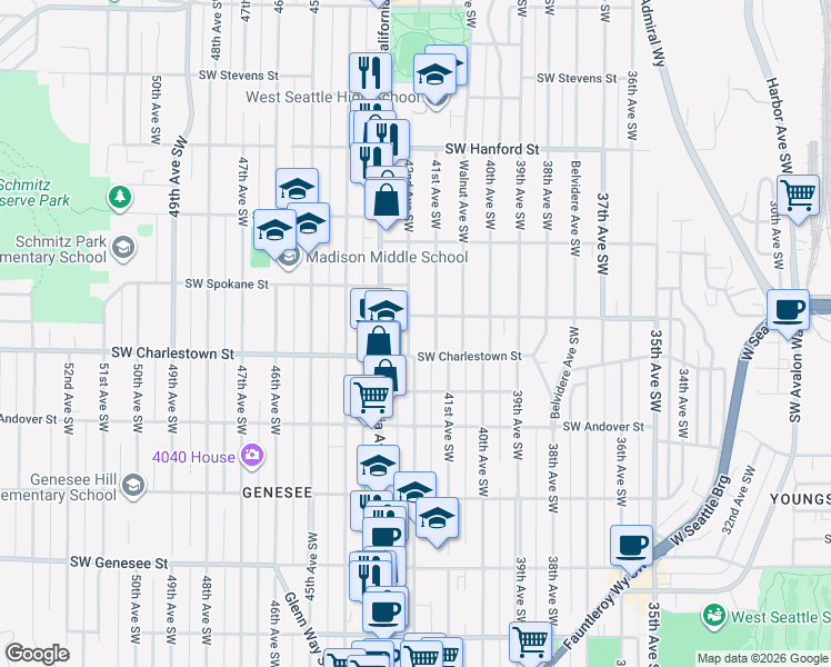 map of restaurants, bars, coffee shops, grocery stores, and more near 3707 41st Avenue Southwest in Seattle
