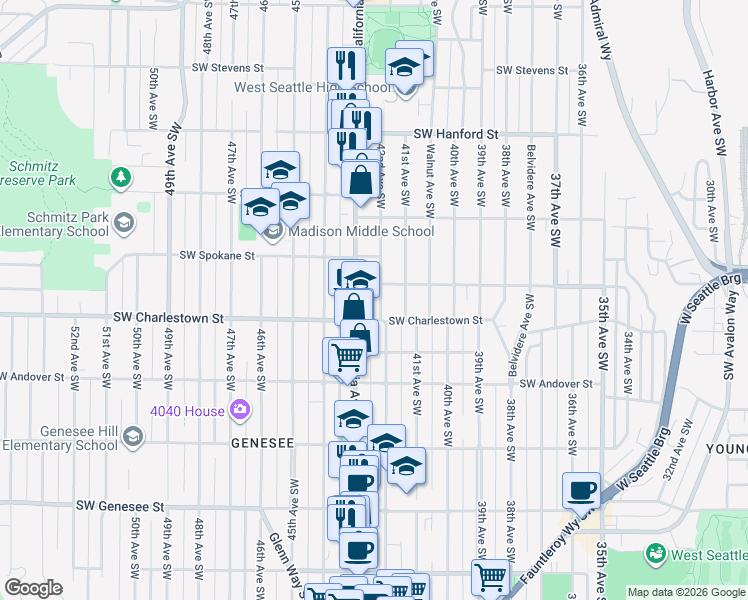 map of restaurants, bars, coffee shops, grocery stores, and more near 3700 California Avenue Southwest in Seattle