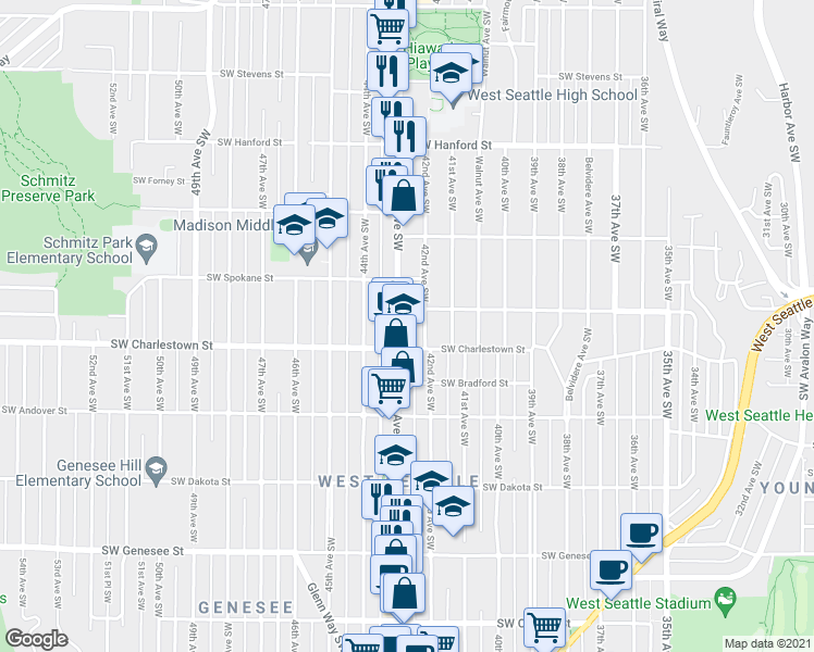 map of restaurants, bars, coffee shops, grocery stores, and more near 3700 California Avenue Southwest in Seattle