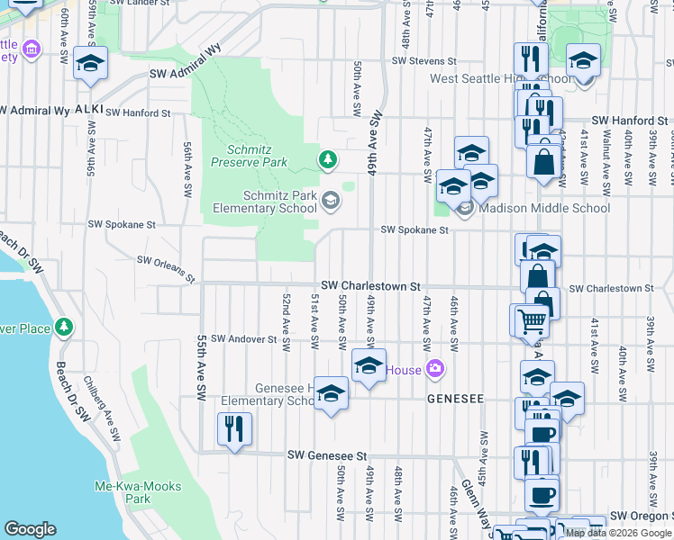 map of restaurants, bars, coffee shops, grocery stores, and more near 3636 51st Avenue Southwest in Seattle