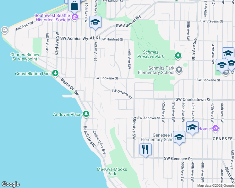 map of restaurants, bars, coffee shops, grocery stores, and more near 5614 Southwest Orleans Street in Seattle