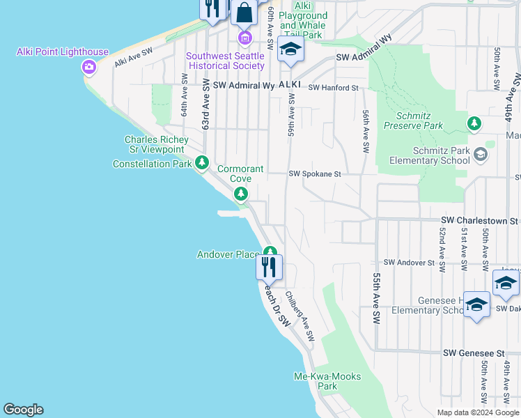 map of restaurants, bars, coffee shops, grocery stores, and more near 3704 Beach Drive Southwest in Seattle