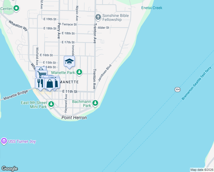 map of restaurants, bars, coffee shops, grocery stores, and more near 1124 Shore Drive in Bremerton