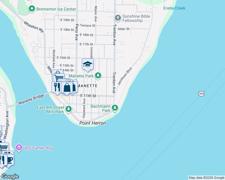 map of restaurants, bars, coffee shops, grocery stores, and more near 1123 Trenton Avenue in Bremerton