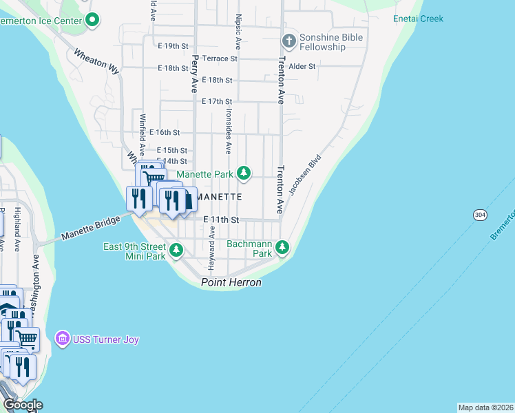 map of restaurants, bars, coffee shops, grocery stores, and more near 1121 Vandalia Avenue in Bremerton