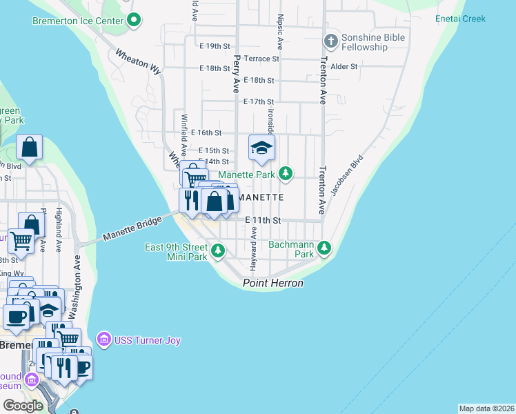 map of restaurants, bars, coffee shops, grocery stores, and more near 1117 Hayward Avenue in Bremerton