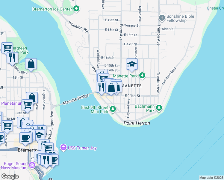 map of restaurants, bars, coffee shops, grocery stores, and more near 1118 Scott Avenue in Bremerton