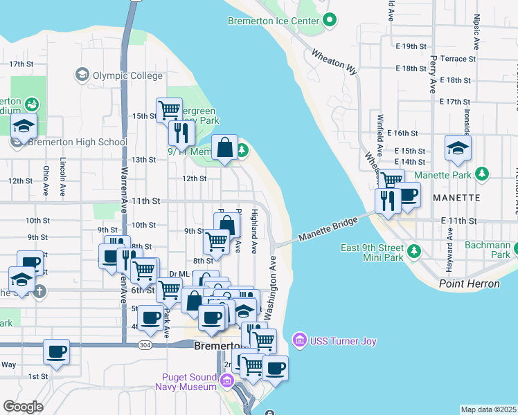 map of restaurants, bars, coffee shops, grocery stores, and more near 941 Highland Avenue in Bremerton