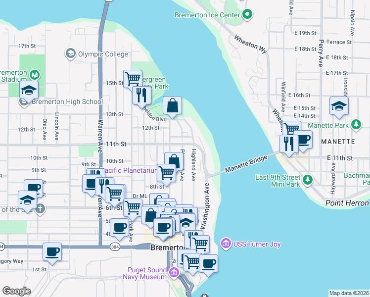 map of restaurants, bars, coffee shops, grocery stores, and more near 941 Highland Avenue in Bremerton