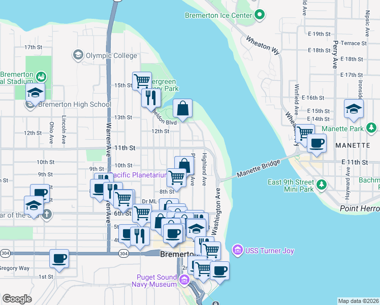 map of restaurants, bars, coffee shops, grocery stores, and more near 932 Pacific Avenue in Bremerton
