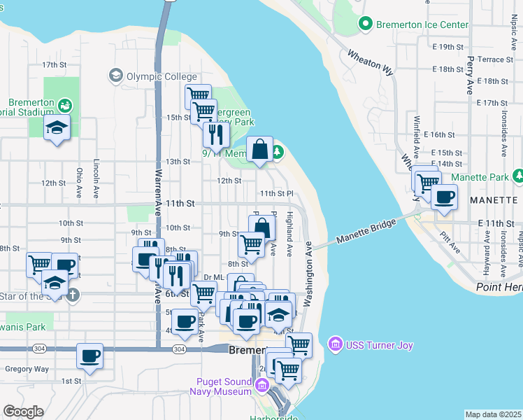 map of restaurants, bars, coffee shops, grocery stores, and more near 932 Pacific Avenue in Bremerton