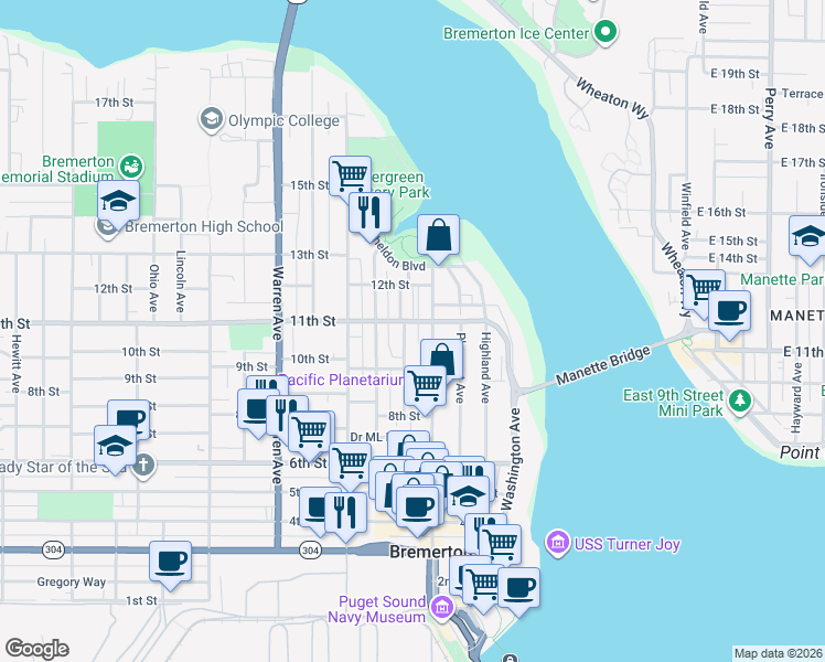 map of restaurants, bars, coffee shops, grocery stores, and more near 603 11th Street in Bremerton