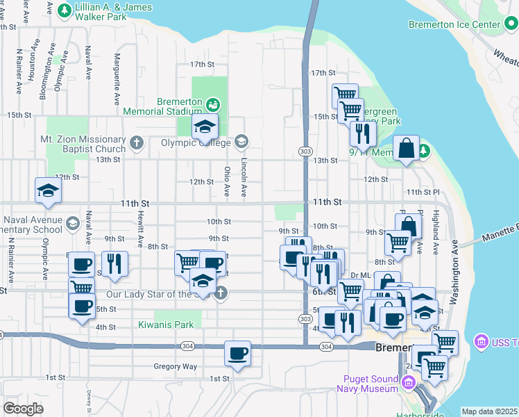 map of restaurants, bars, coffee shops, grocery stores, and more near 1116a 11th Street in Bremerton