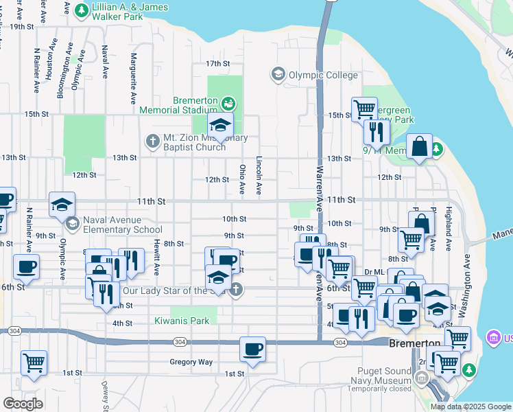 map of restaurants, bars, coffee shops, grocery stores, and more near 1223 11th Street in Bremerton