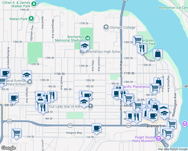 map of restaurants, bars, coffee shops, grocery stores, and more near 1223 11th Street in Bremerton