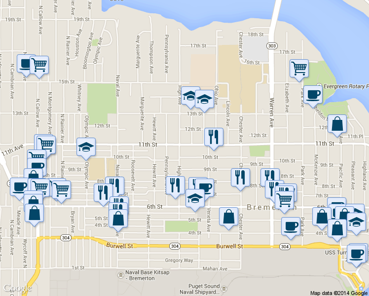 map of restaurants, bars, coffee shops, grocery stores, and more near 1616 11th Street in Bremerton