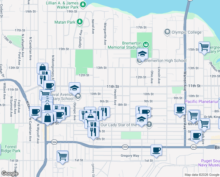 map of restaurants, bars, coffee shops, grocery stores, and more near 2000 11th Street in Bremerton
