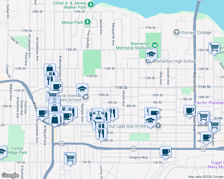 map of restaurants, bars, coffee shops, grocery stores, and more near 2000 11th Street in Bremerton