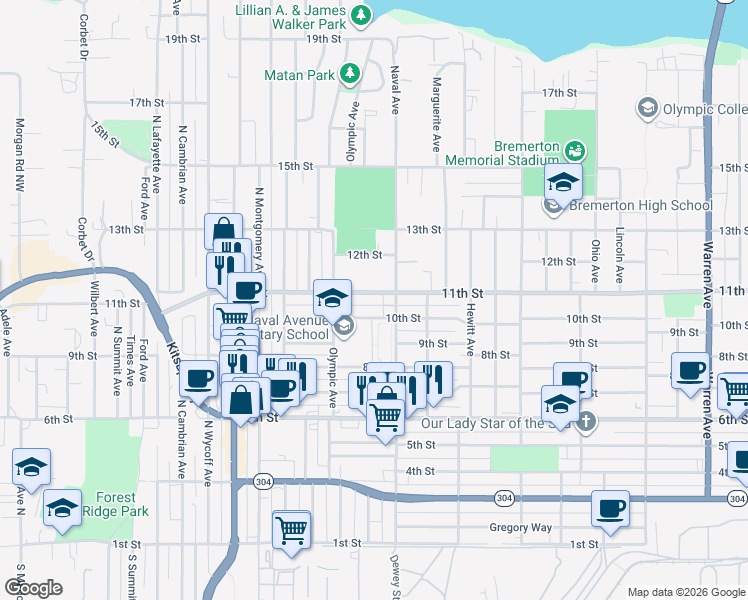 map of restaurants, bars, coffee shops, grocery stores, and more near 2121 11th Street in Bremerton