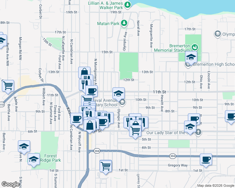 map of restaurants, bars, coffee shops, grocery stores, and more near 2145 11th Street in Bremerton