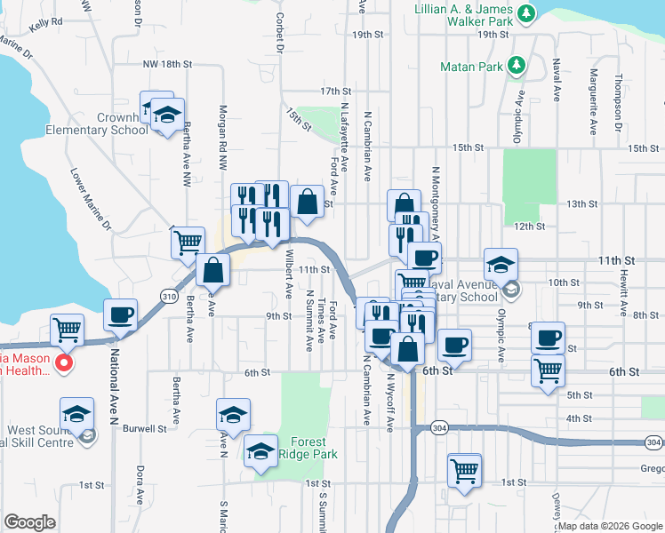 map of restaurants, bars, coffee shops, grocery stores, and more near 1102 North Lafayette Avenue in Bremerton
