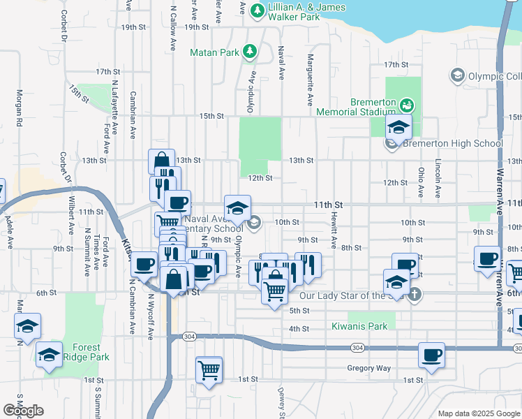 map of restaurants, bars, coffee shops, grocery stores, and more near 2121 11th Street in Bremerton