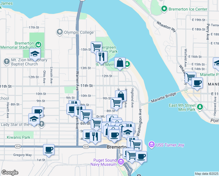 map of restaurants, bars, coffee shops, grocery stores, and more near 603 11th Street in Bremerton
