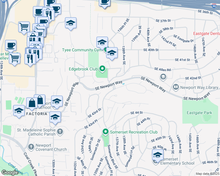 map of restaurants, bars, coffee shops, grocery stores, and more near 13545 Southeast Newport Way in Bellevue