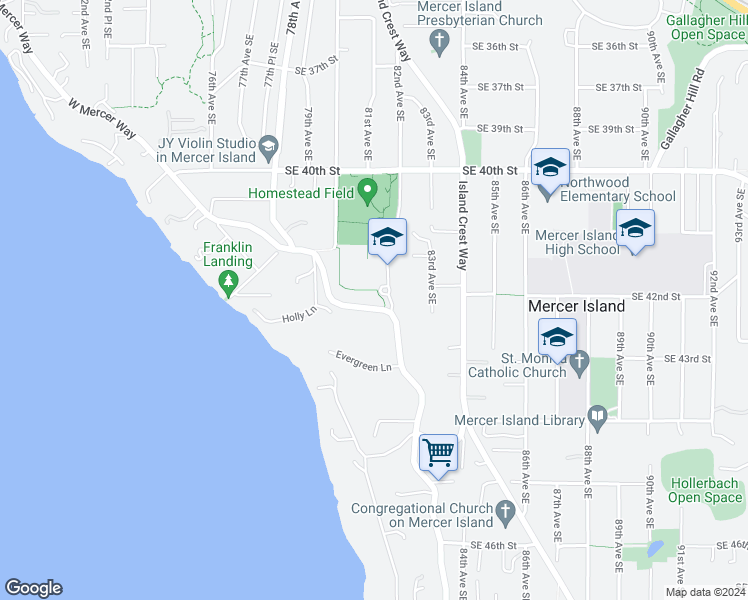 map of restaurants, bars, coffee shops, grocery stores, and more near 4224 West Mercer Way in Mercer Island