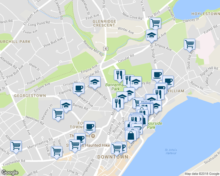 map of restaurants, bars, coffee shops, grocery stores, and more near 46 Rennies Mill Road in St. John's