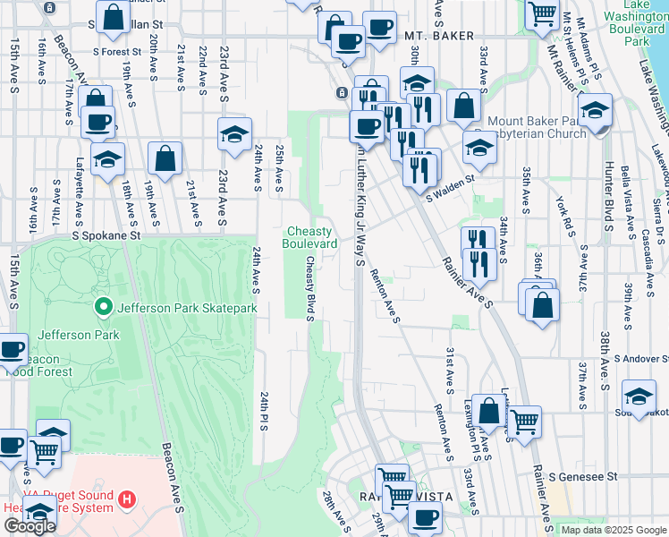 map of restaurants, bars, coffee shops, grocery stores, and more near 3623 27th Avenue South in Seattle