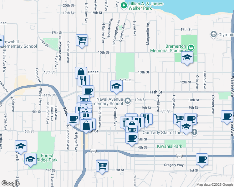 map of restaurants, bars, coffee shops, grocery stores, and more near 2145 11th Street in Bremerton
